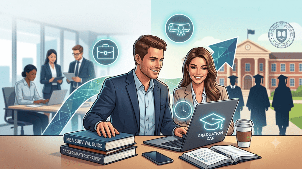 A male and female professional using a planner to balance an MBA and work without burnout.
