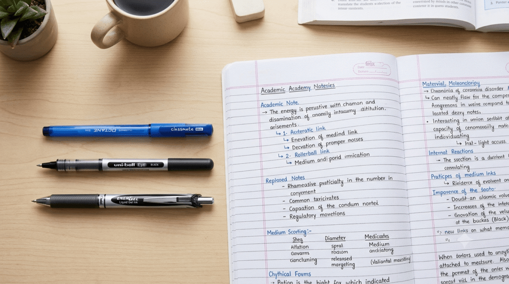 A top-down photograph of a student's wooden desk featuring an open lined notebook with handwritten notes and three pens lined up neatly: Classmate Octane, Uni-ball Eye, and Pentel EnerGel