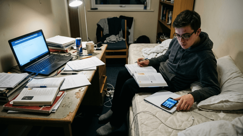 An unoptimized student study environment showing common study setup mistakes, including a messy desk layout and mobile phone distractions.