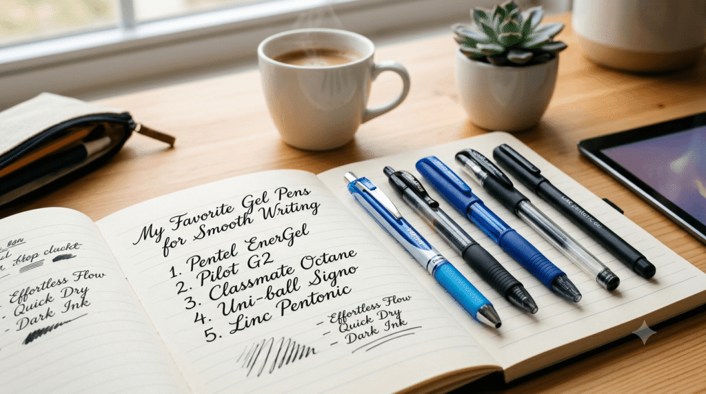 An open notebook on a wooden desk displaying a handwritten list of top gel pens alongside five gel pens, a warm coffee mug, and a plant.