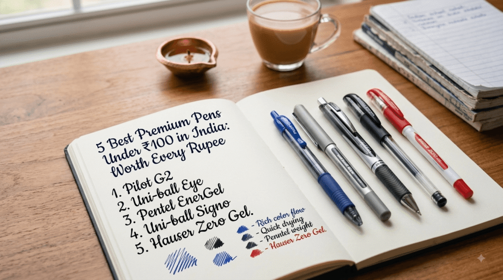 Open notebook on a wooden desk with a handwritten list of the 5 best premium pens under 100 in India alongside Pilot G2, Uni-ball Eye, Pentel EnerGel, Uni-ball Signo, and Hauser Zero Gel.