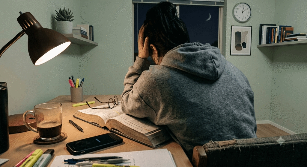 Student with head in hand at a desk late at night, showing study stress before exams
